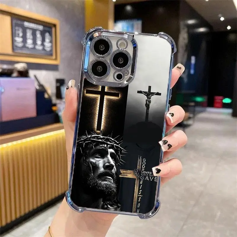 Jesus Clear Protective Four Comers Air Cushion Anti-drop CellPhone Case Clear BracketPhone Case for iPhone 16 15 14 13 12 Pro Max 15 14 Plus Four Corn