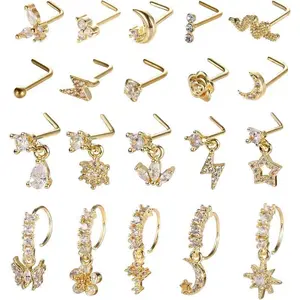 20Pcs 20G Star Butterfly L-Shaped Dangling Nose Ring, Stainless Steel Flower CZ Studs for Women, Hoop Nose Piercing Jewelry, Gold & Silver Options, Trendy Body Accessory, Must-Have Fashion Jewelry 2025