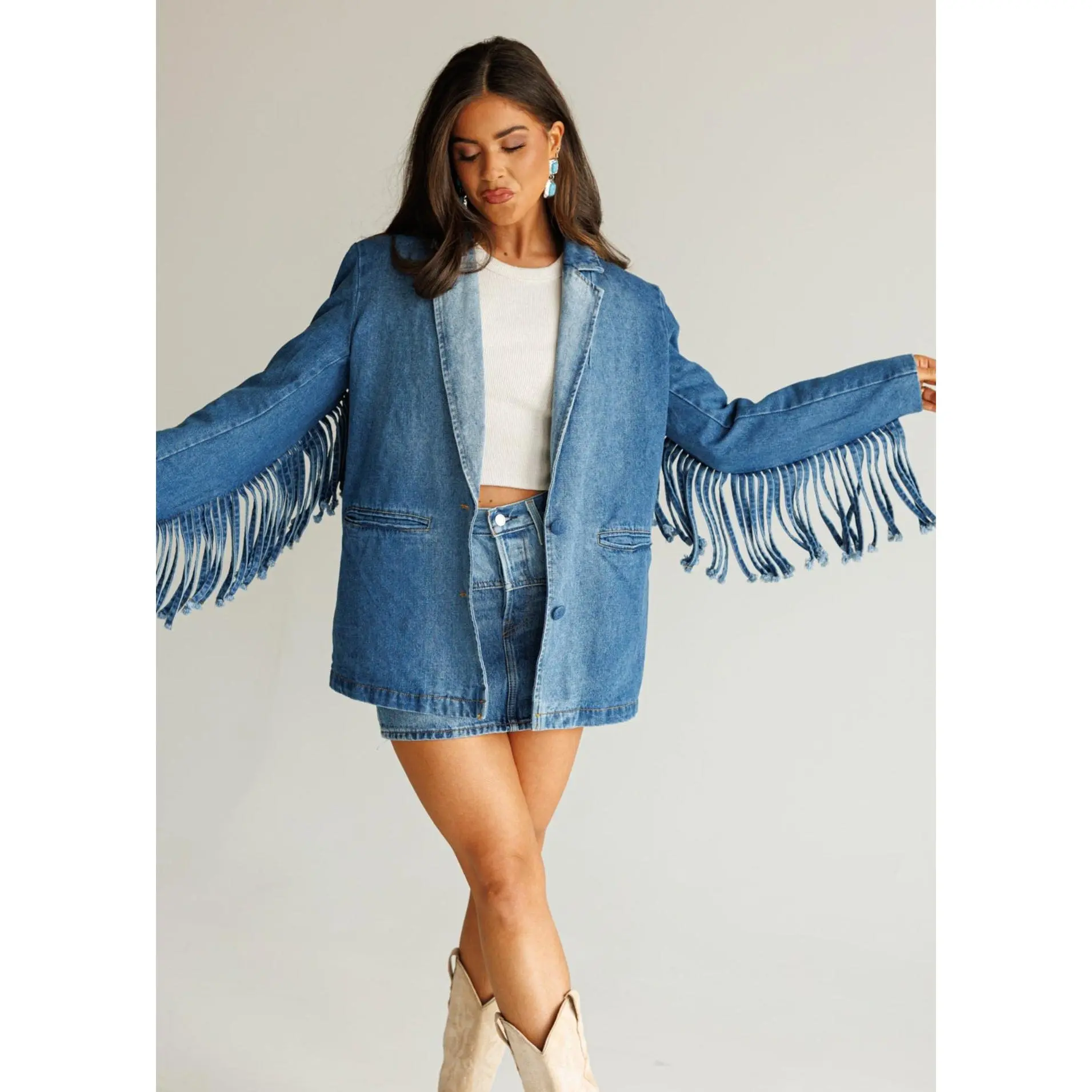 "Status Symbol" Denim Fringe Blazer