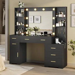 SIKAIC 48.8-Inch LED Lighted Makeup Vanity Station with Large Mirror, Modern Black Beauty Table with Integrated Charging Power Center and 6 Smooth Slideways Bins
