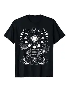Witchy Wiccan "Work Your Magic" Graphic T-Shirt - Celestial Sun, Moon, Crescent Moons - Soft Breathable Cotton Tee for Witchcraft, Pagan, Astrology - Unisex Crew Neck Shirt for Everyday & Themed Events - Machine Washable Casual Top, Pagan Lifestyle, Mysti