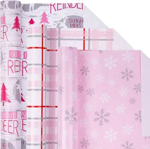 RUSPEPA 3 Rolls Christmas Wrapping Paper Set | Snowflakes, Plaid & Reindeer-Themed Text Patterns - Ideal for Christmas Parties, Decor, Gift Wrapping, DIY Crafts, Xmas Gifts, Family Gatherings, Holiday Decor, Festive Wrapping - 17 x 120 inches