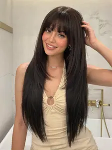 28 Inch Long Straight Wigs for Women, Gorgeous with Bangs, Synthetic Full for Party, Daily Use, Synthetic Hair Wigs
