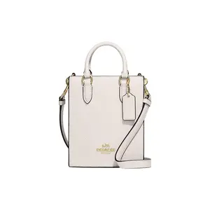 COACH N/S 14 Solid Gold-Logo Pebbled Leather Mini Tote Bag for Women, White