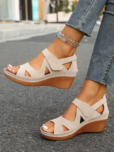 Summer New Hollow Out Velcro Wedge Sandals for Women, Fashion Design Open Toe Casual Roman Shoes, Versatile Thick Sole Height Increasing Sandals