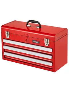 20.5-Inch Portable Metal Tool Box With Three Drawers, Red Toolbox Case For Garage And Workshop, Durable Steel Construction, Lightweight Carry Handle, Secure Latch, Tool Organizer Box For Hand Tools, Hardware Storage Solution