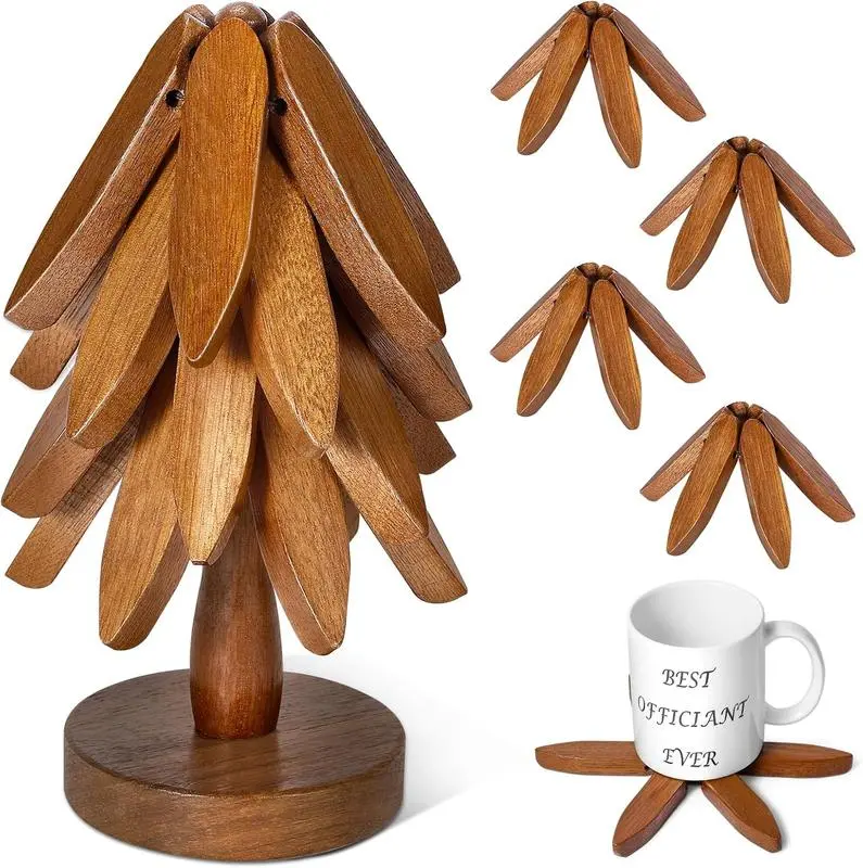 Wooden Tree Trivet Set - Tree Trivets for Hot Dishes, Wooden Trivets for Hot Pots, Foldable Kitchen Wooden Tree Coasters for Hot Bowl&Teapot Tableware-BY