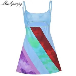 Women’s Casual Suspender A-line Dress Fashion Contrast Color U-neck Hollow Short Dress Polyester Summer