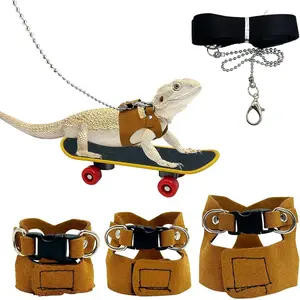 Bearded Dragon Leash and Harness Set - 3 Sizes Adjustable with Lizard Traction Rope & Mini Scooter Toy for Reptile Outdoor Walking - Interactive Bird Training Toy Set