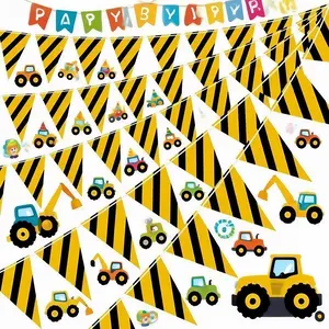 Fun Construction Vehicle Theme Pull Banner, 10 Meter Long with 38 Flags, Perfect for Birthday Parties, Carnivals, School, Kindergarten, Home Decor