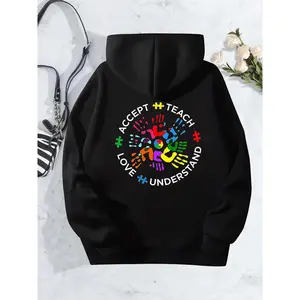 Women's Autism Awareness Hoodie - Long Sleeve Hooded with "We Should Protect by Accepting" Print - Inclusive Design for Autism Acceptance Day - Soft Cotton Blend Casual Wear
