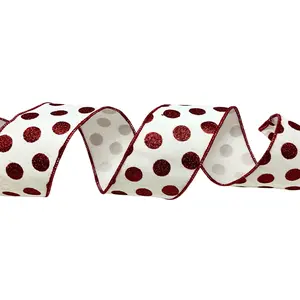 2.5'' X10 YD White Ribbon with Red Glitter Dots  Ribbon | IR