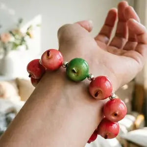 Handmade Resin Mini Apple Bracelet, Red & Green Apple Beads, Silver Acrylic Spacer Beads, Versatile & Flattering, Christmas Gift