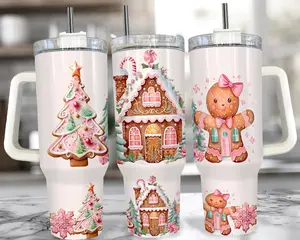 Popular Pink Gingerbread Christmas 40 oz Tumbler With Handle: Pink Christmas Cup with Straw, Winter Gingerbread Christmas Mug - Limited Stock