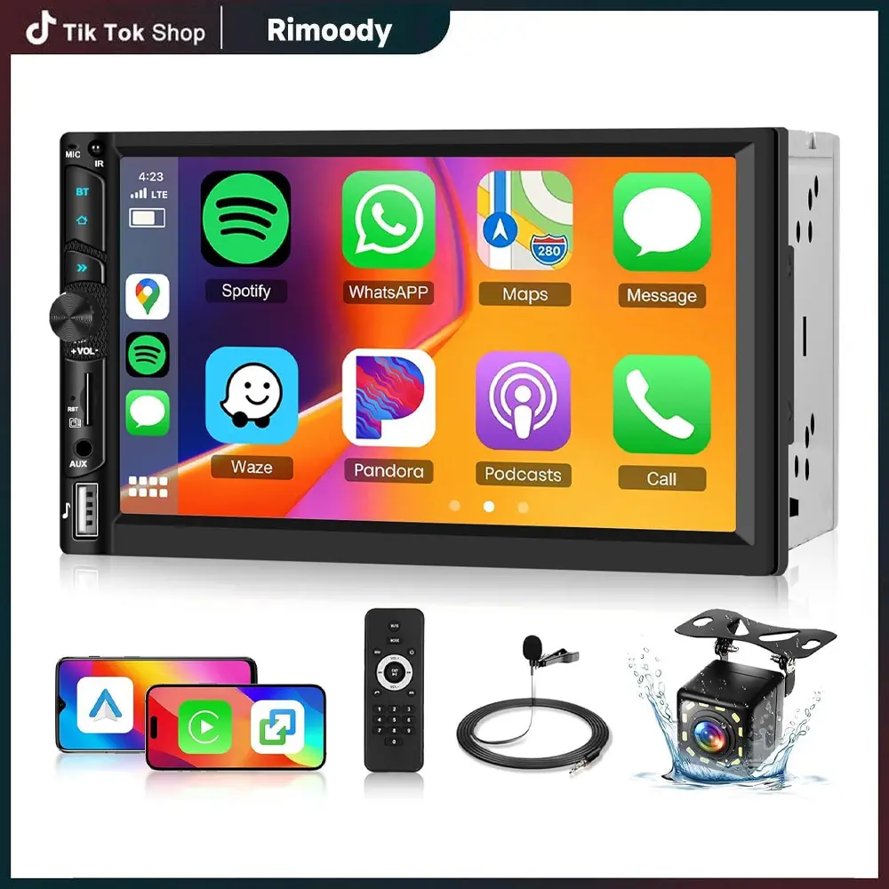 Rimoody 7-Inch 1024x600 HD IPS Touchscreen Double Din Car Stereo - Wireless CarPlay, Android Auto, Bluetooth, EQ, FM, SWC, Night Vision Rear View Camera, USB/TF Ports, Remote Control, Manual, Horn Cable, Auxiliary Input (Father's Day Gift)