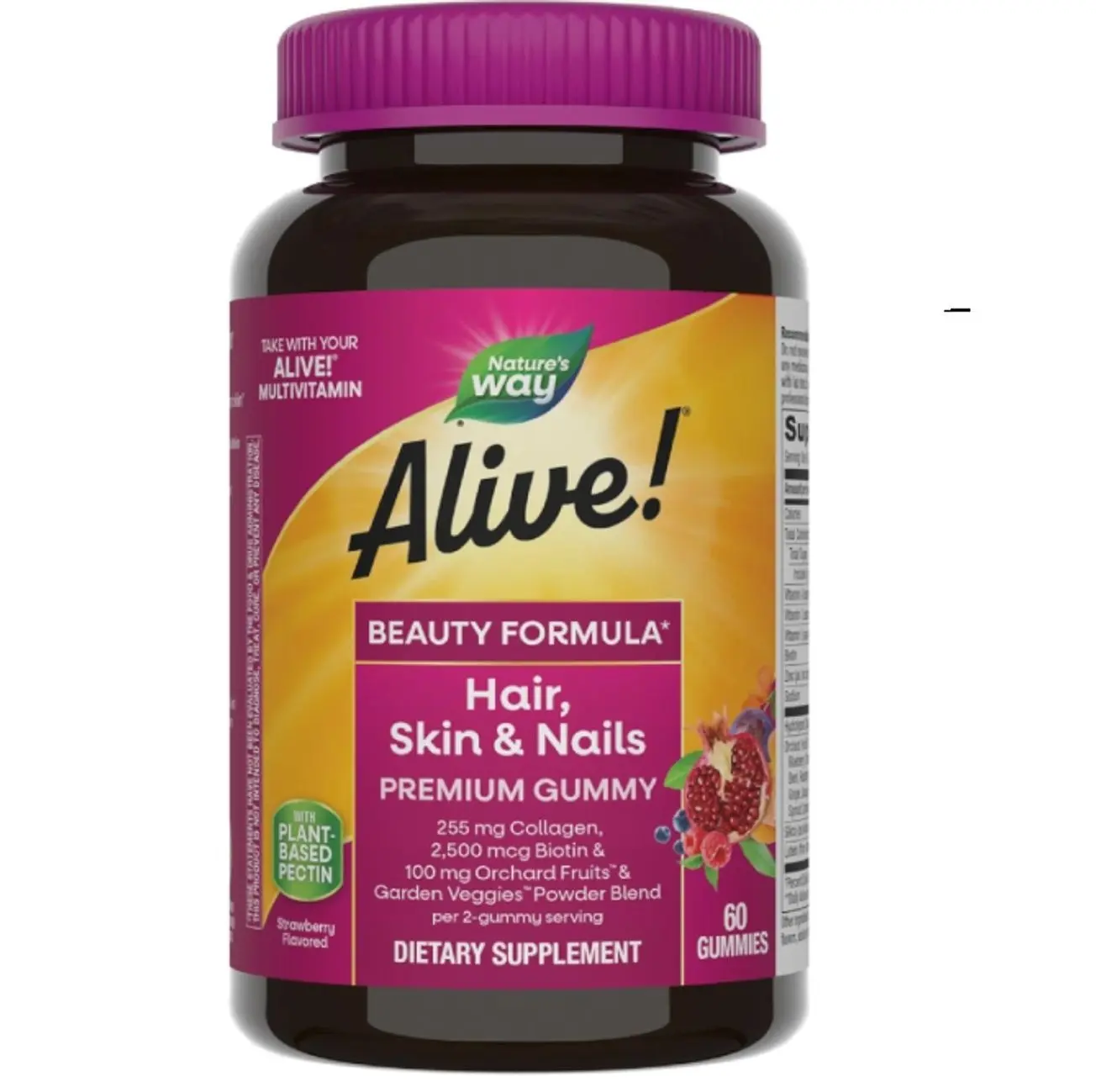 Nature's Way Alive! Hair, Skin & Nails Premium Gummies, Beauty Formula*, with Collagen, Biotin, Vitamins C & E, Strawberry Flavored, 60 Gummies