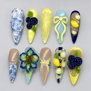 Blueberry Lemon Y2K Press On Nails Handmade 3D Fruit Nail Set, Korean Summer Nails, Luxury Glossy Stiletto Fake Nails, TikTok Viral Cute Acrylic Nails Reusable Gift For Women