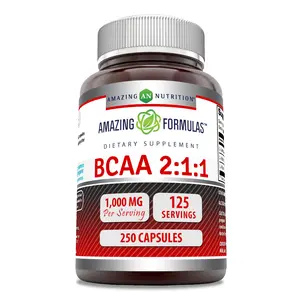 Amazing Formulas BCAA 2:1:1 Amino Acid Supplement | 1000 Mg per Serving | 250 Capsules | Non-GMO | Gluten-Free | Made in USA