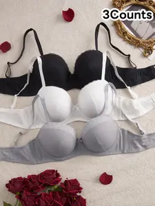 Women's Plus Size Simple Gathered Basic 3-Pack Bras, Medium Support Lace Trim Adjustable Straps, Casual Daily Wear