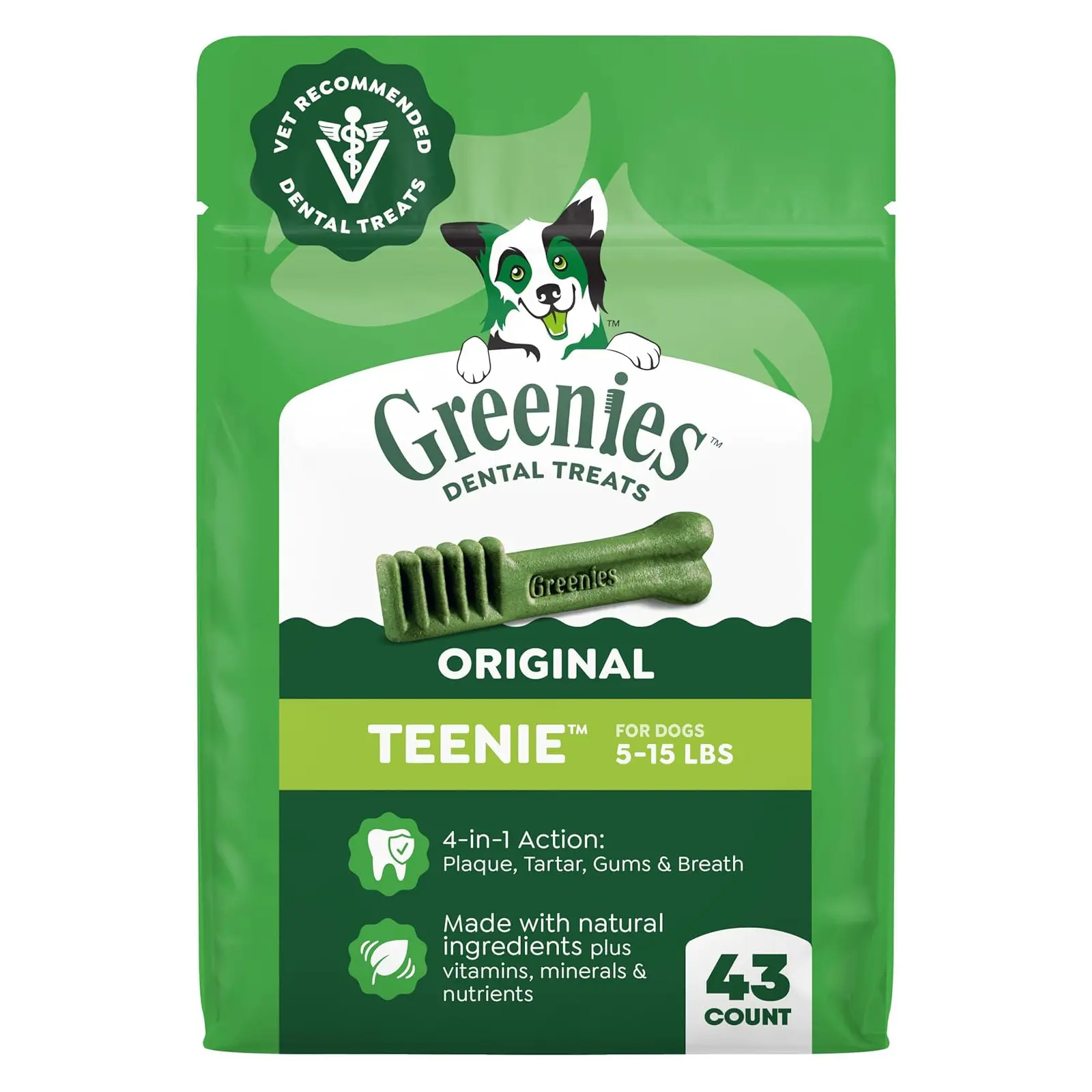 Greenies Teenie Original Natural Dental Dog Treats, Chicken, 43 Count Vet-recommended, cleaner teeth after 28 days, cleans to gumline, for dogs 5-15 lbs, original chicken flavor