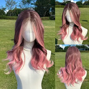 SMILCO/22Inch Ombre Brown Ash Pink 13*4 Free Part Lace Front Medium Curly Synthetic Wig/SM9658