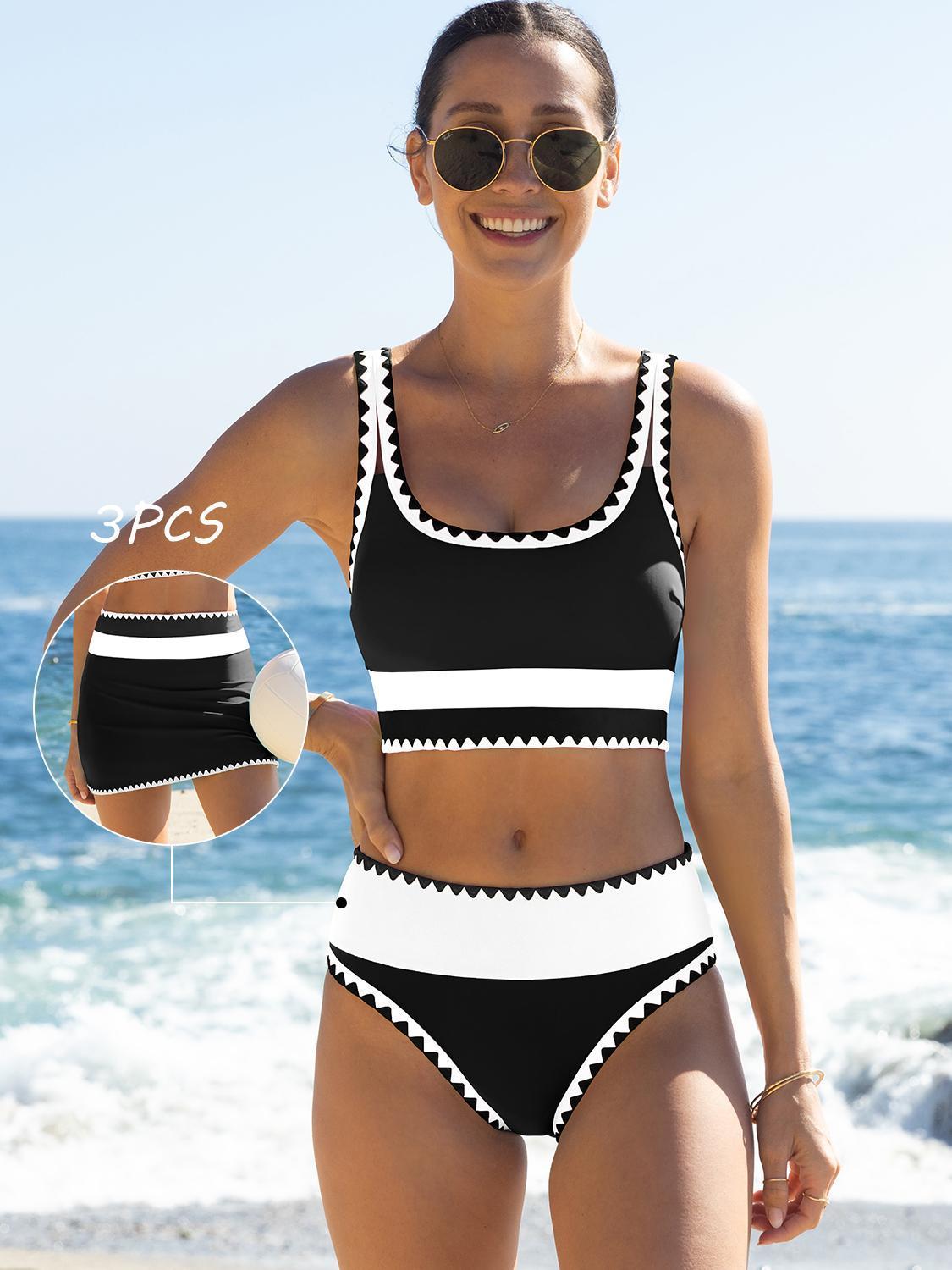 Beachball Kayaking 3 Piece Bikini Sets,Tummy Control & High Waisted Swimsuit with Adjustable Wide Shoulder Straps, Neon Color Sporty Swimsuit