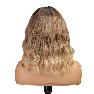 Ombre Brown mixed Blonde Curly Bob Wig with Bangs Short Wavy Color Wigs for Women Bob Style Synthetic Heat Resistant Bob Wigs