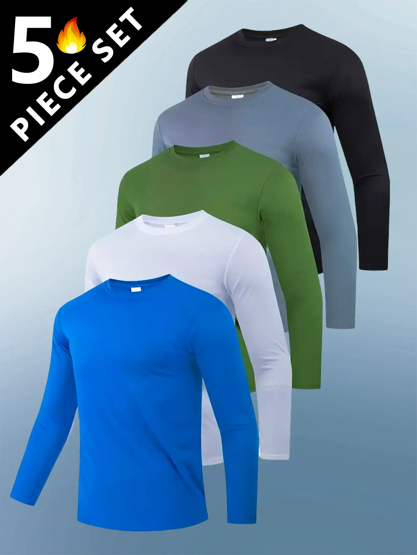 5 Pack Men's sports round neck long sleeved breathable lightweight T-shirt - quick drying, solid color, slight elasticity, suitable for running, exerc