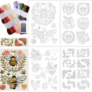 Water Soluble Stick and Stitch Embroidery Paper, Pre-Printed Bee Flower Patterns, Hand Sewing Stabilizers for Embroidery Beginners