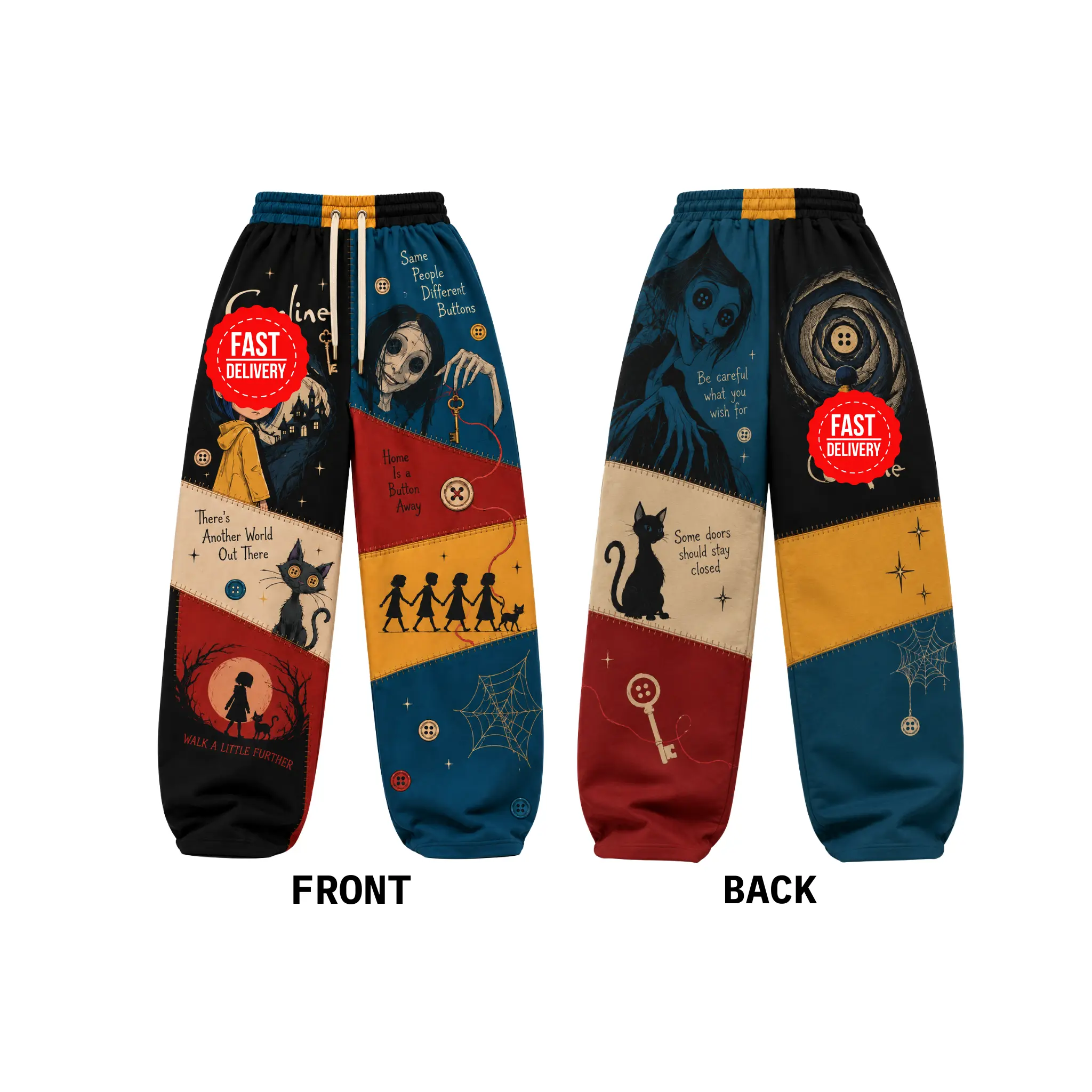 Button Eye Girl Inspired Loose Sweatpants, Spooky Patchwork Wide Leg Pants, Gothic Fantasy Baggy Sweatpants, Halloween Alternative Streetwear