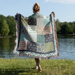 Cottage Core Patchwork Style Scripture Woven Blanket, 50" x 60" Bible Verse Throw, Religious Christian Gift