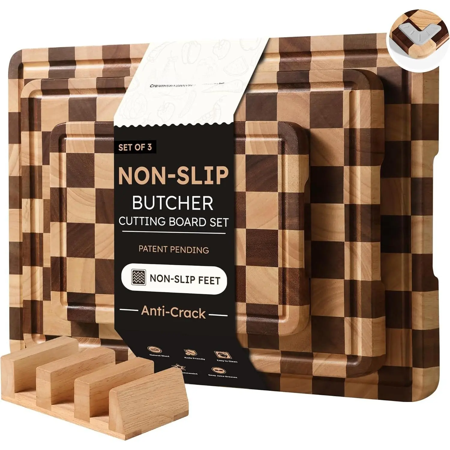 3 Packs  Boards for Kitchen Checkered  Board Acacia  Charcuterie Board Serving Heavy Duty Non  Slip Butcher Block  Chopping Board with Juice Grooves Handles
