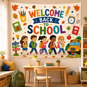 Welcome Back to School Tapestry for Classroom, Colorful Fall Wall Hanging and First Day Photo Backdrop for Preschool Kindergarten Elementary