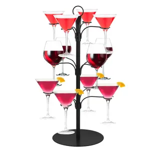 3-Tier 12-Holder Metal Champagne Tree Stand, Easy Setup Wine Glass Rack for Drinks, Cocktail/Margarita Cup Display, Compact Storage, Black/Gold Bar & Wine Utensil for Wedding Parties, Three Tiers
