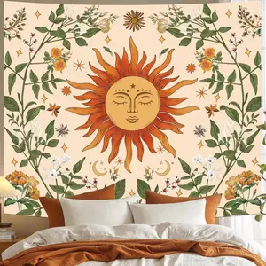 Avinyl Boho Sun Wall Tapestry for Bedroom, Bohemian Sun Flowers Hippie Tapestries Aesthetic, Vintage Orange Hippie Wall Hanging for Living Room Dorm Office Home Decor 51in X 60in