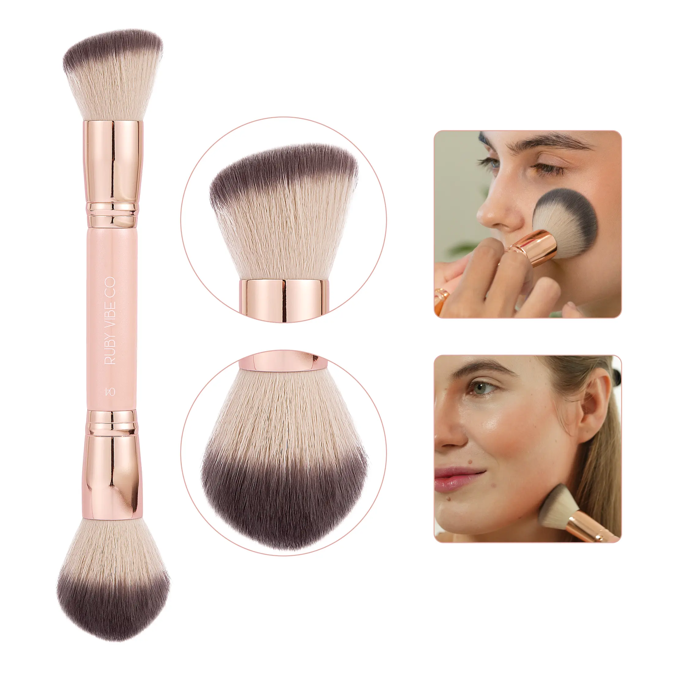 RUBY VIBE CO CelestialGlow Dual-Ended Foundation & Powder Brush, Liquid Foundation Brush for Even Application, Powder Setting & Sculpting Brush, Vegan Synthetic Bristles, Pink Wooden Handle