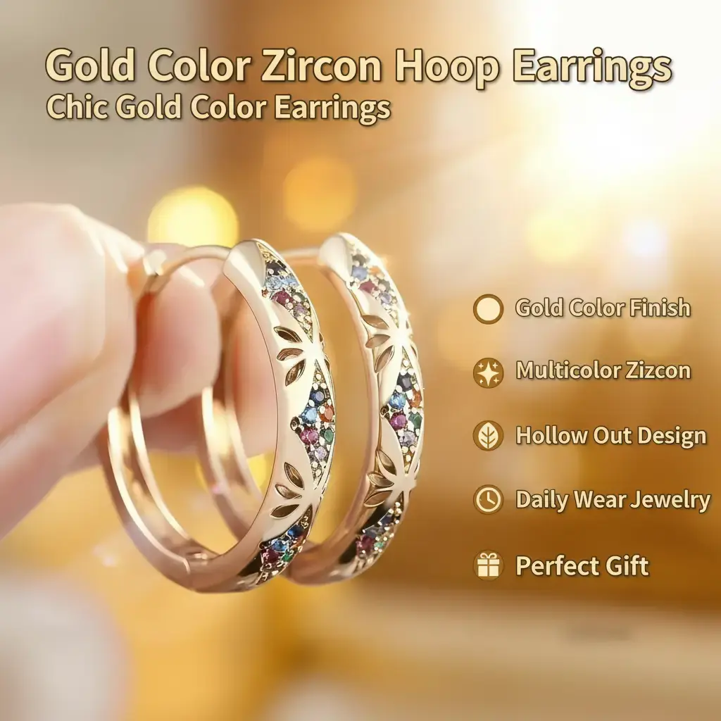 A Pair Dainty Gold Leaf Hoop Earrings with Multicolor Zircon Vintage Hoolow Out Design Trendy Daily Wear Earrings Gift for Her