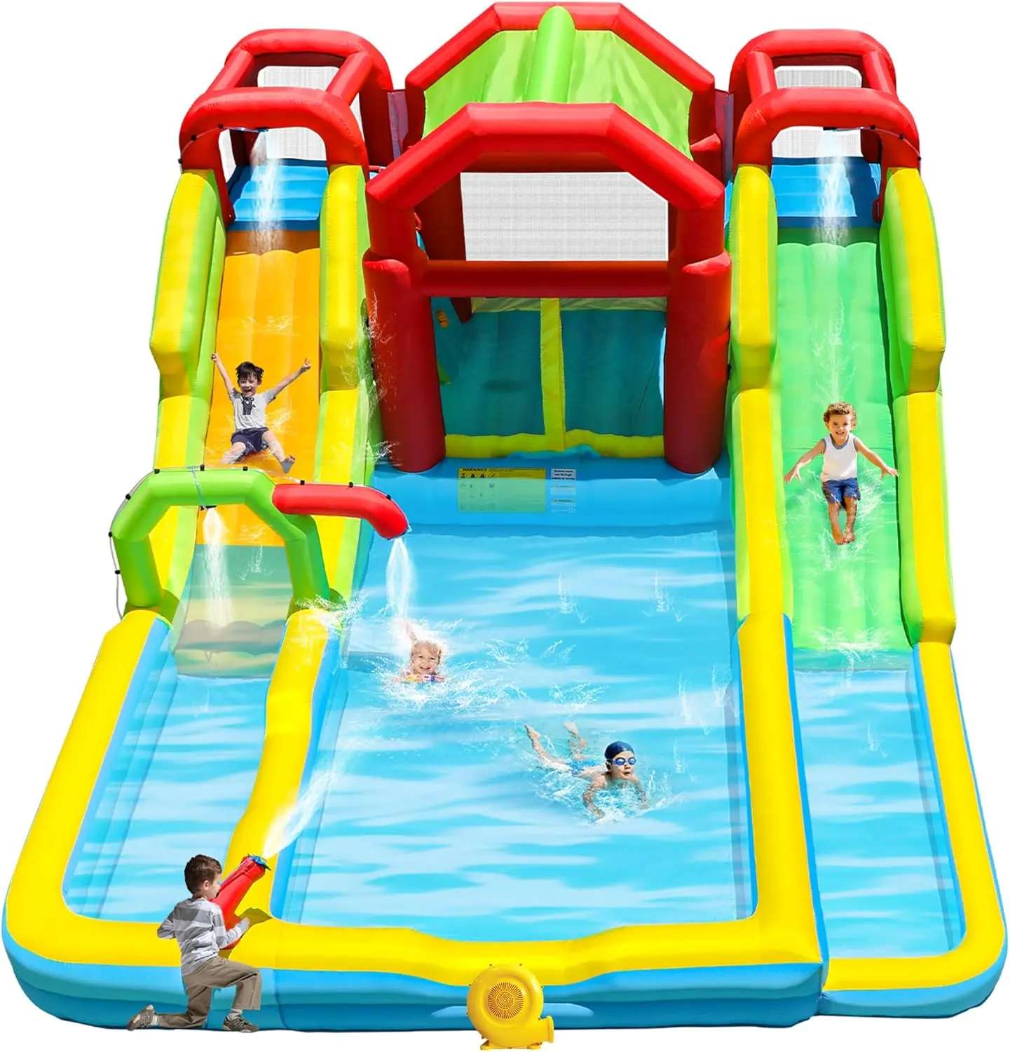 JRSIYE Inflatable Water Double Slides Park with Blower, Shade Tent Bounce House with 2 Climbing Walls, 3 Water Pools, 226x168x98 Inch