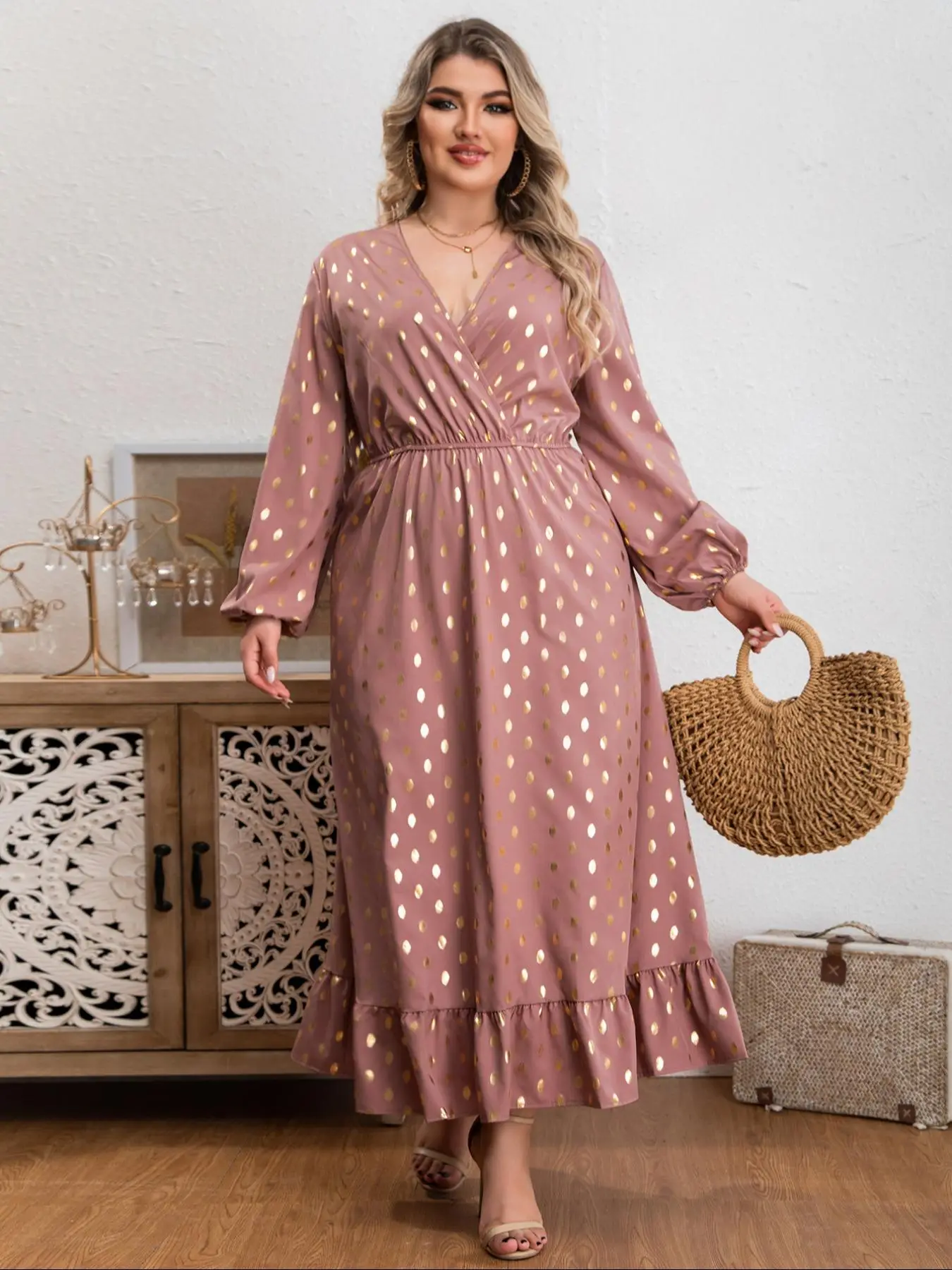 Plus Size Polka Dot Print Ruffle Hem Wrap Bishop Sleeve Dress, Elegant V Neck Long Sleeve A Line Dress For Spring & Fall, Women's Clothes For Vacation