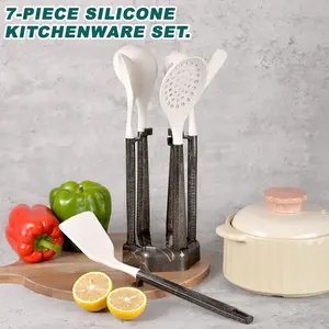 7-Piece Silicone Kitchen Utensil Set - Soup Spoon/Pasta Spoon/Spatula/Slotted Turner/Strainer/Hanging Rack - Heat-Resistant Cooking Tools, Essential For Kitchen, Ideal Gift.