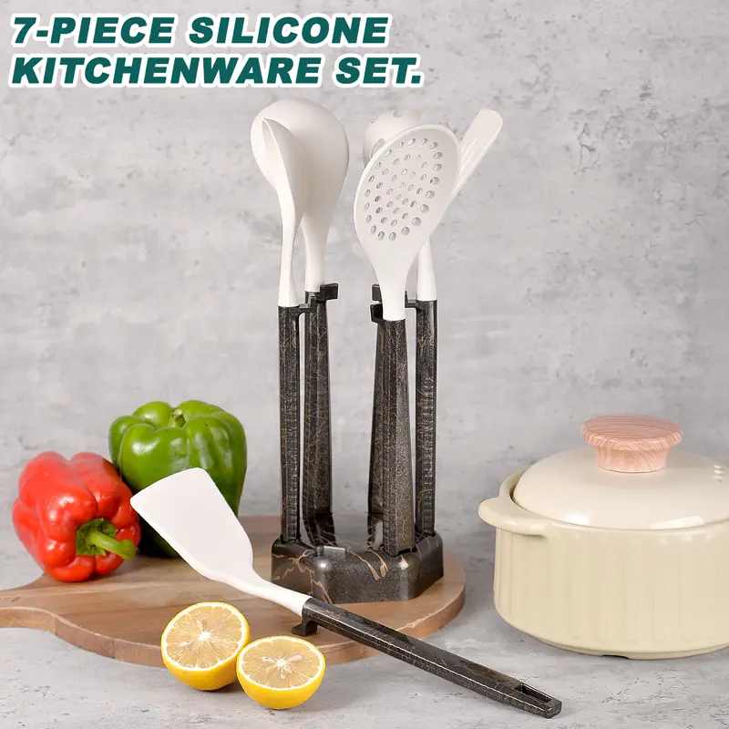 7-Piece Silicone Kitchen Utensil Set - Soup Spoon/Pasta Spoon/Spatula/Slotted Turner/Strainer/Hanging Rack - Heat-Resistant Cooking Tools, Essential For Kitchen, Ideal Gift.