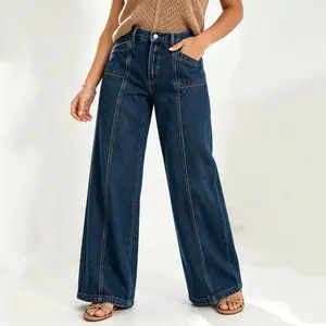 Women's  Pleated Casual Fit Vintage Solid Color Wash Denim Wide Leg Pants, Womenswear Bottoms Minimalist Basic