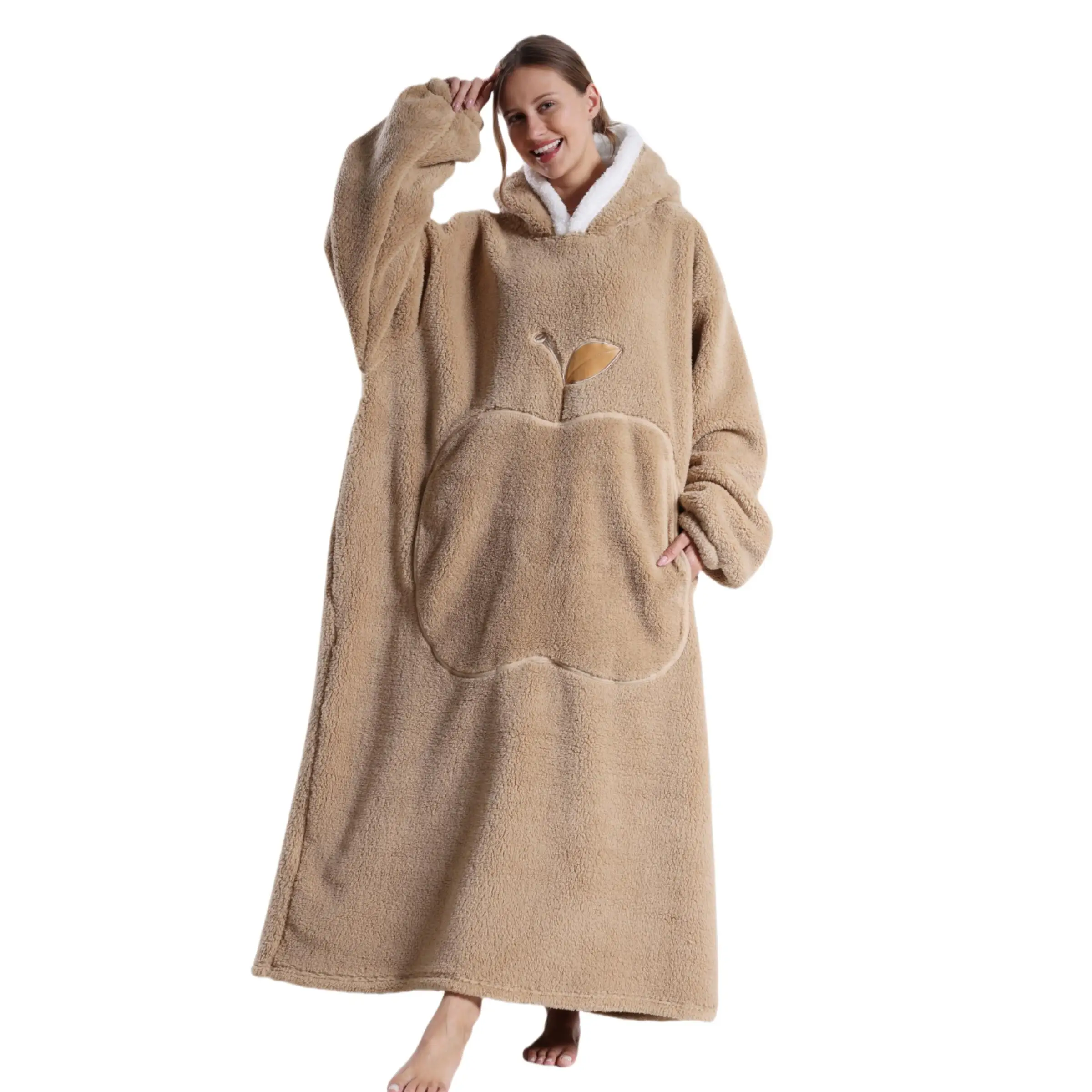 Solid Color Apple Pattern Hooded Blanket, 1 Count Oversized Long Sleeve Wearable Blanket, Casual Soft Comfortable Blanket for Home Office Travel, Vale