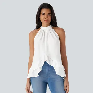 Halara Mock Neck Sleeveless Button Asymmetric Ruffle Hem Casual Top