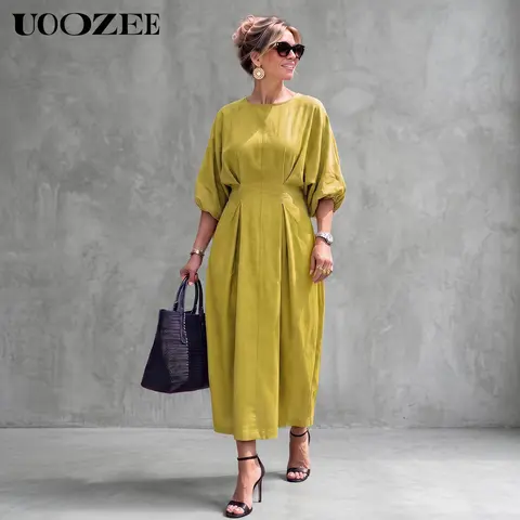UOOZEE Women's Viscose-Linen Mix Casual Dress - Round Neck, Lantern Half Sleeves, Pockets, Loose Solid Fit, Breathable Classic Early Fall Style, Hand Wash Only, for Daily Elegance (Sizes run small; order 1 size larger)