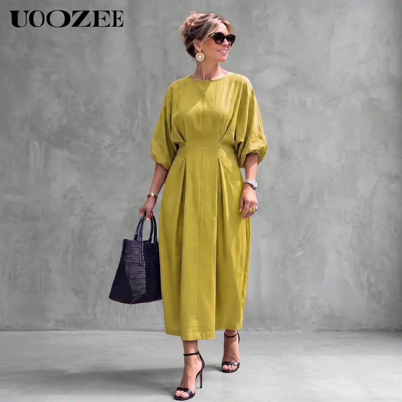 UOOZEE Women's Viscose-Linen Mix Casual Dress - Round Neck, Lantern Half Sleeves, Pockets, Loose Solid Fit, Breathable Classic Early Fall Style, Hand Wash Only, for Daily Elegance (Sizes run small; order 1 size larger)