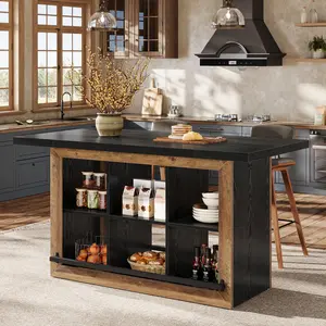 Tribesigns Kitchen Island Table With Storage, Counter Height for Dining Room, 6 Open Cubbies And Footrests