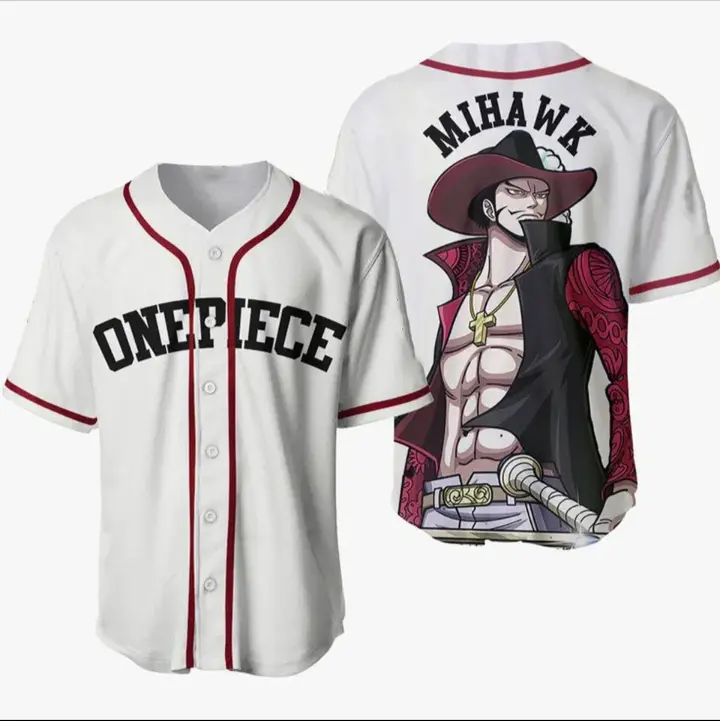 Full Print Vintage Anime Baseball Jersey Shirt, Retro Mihawk Baseball Jersey Shirt, Print Baseball Jersey, Jersey for Men and Women, Baseball Jersey Style