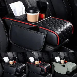 Car Center Console Armrest Pillow, Memory Foam Auto Armrest Box Cover with Cup Holder & Tissue Box, Waterproof Leather Arm Rest Protector Cushion, Car Accessories Woven/Checkered Pattern