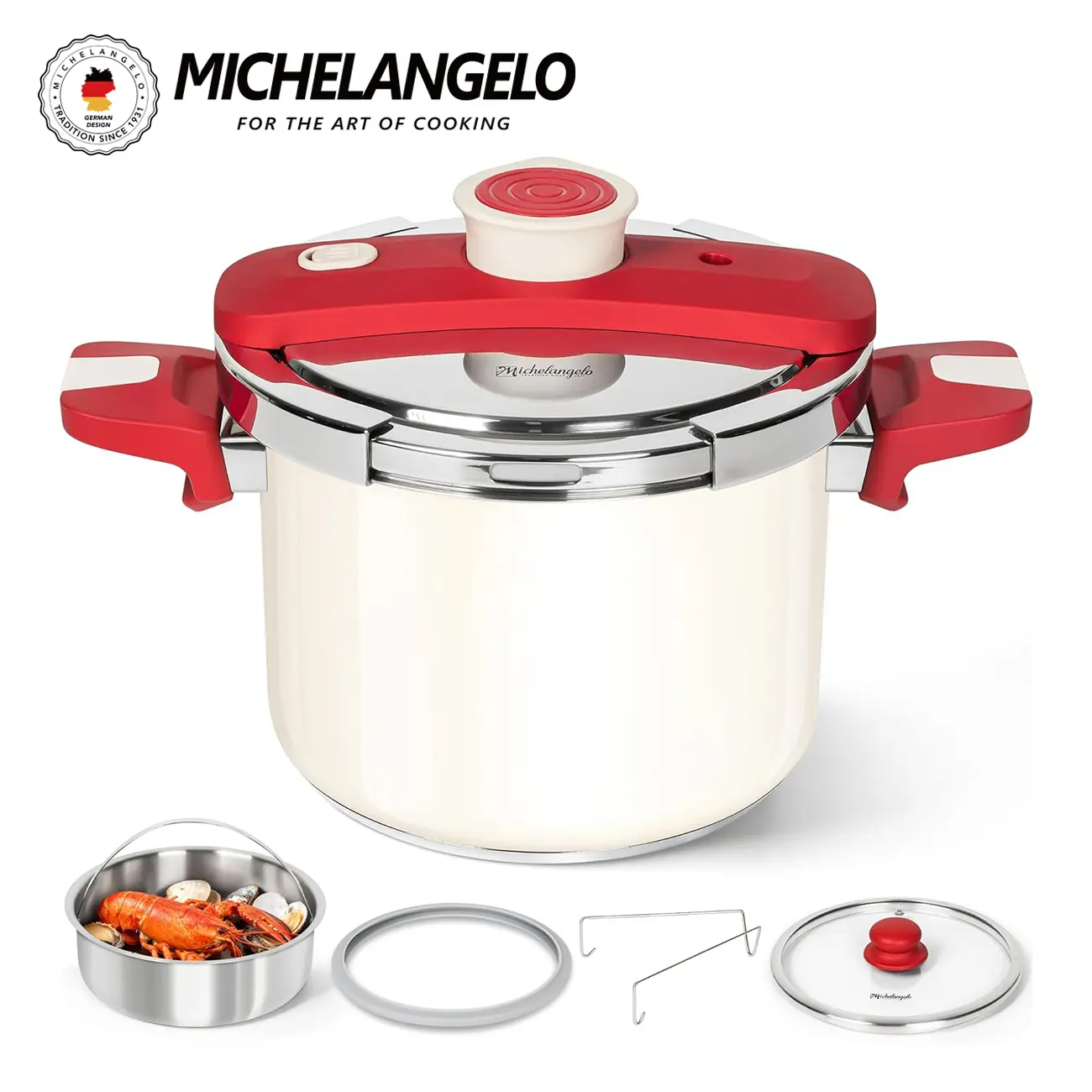 MICHELANGELO Stainless Steel Pressure Cooker 3.2/6.3/8.5 Quart 3-in-1 Stovetop Pressure Pot with Steamer & Glass Lid One-Hand Lock Induction Compatible